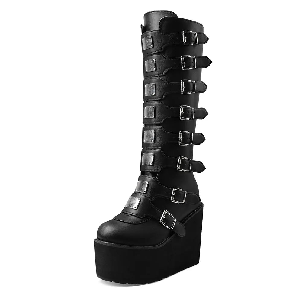 Punk Motorcycle Boots Platform High Wedges Heel Zipper Metal Buckle Mid-Calf Boots Goth