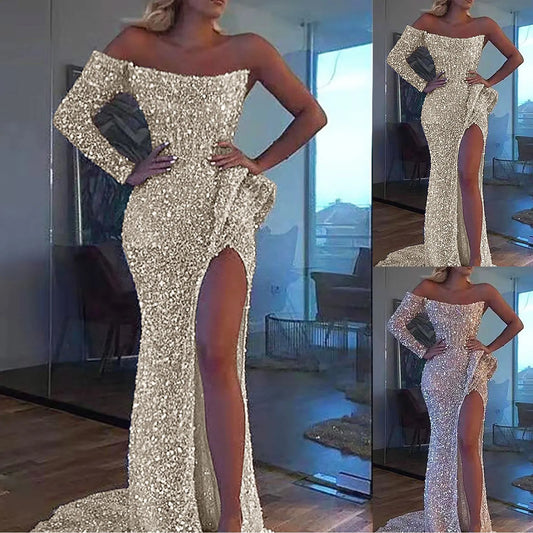 Elegant Sparkly Sequins Dresses Women  Fashion Mermaid Slash Neck One Shoulder Wedding Prom Dress  Split Evening Dress