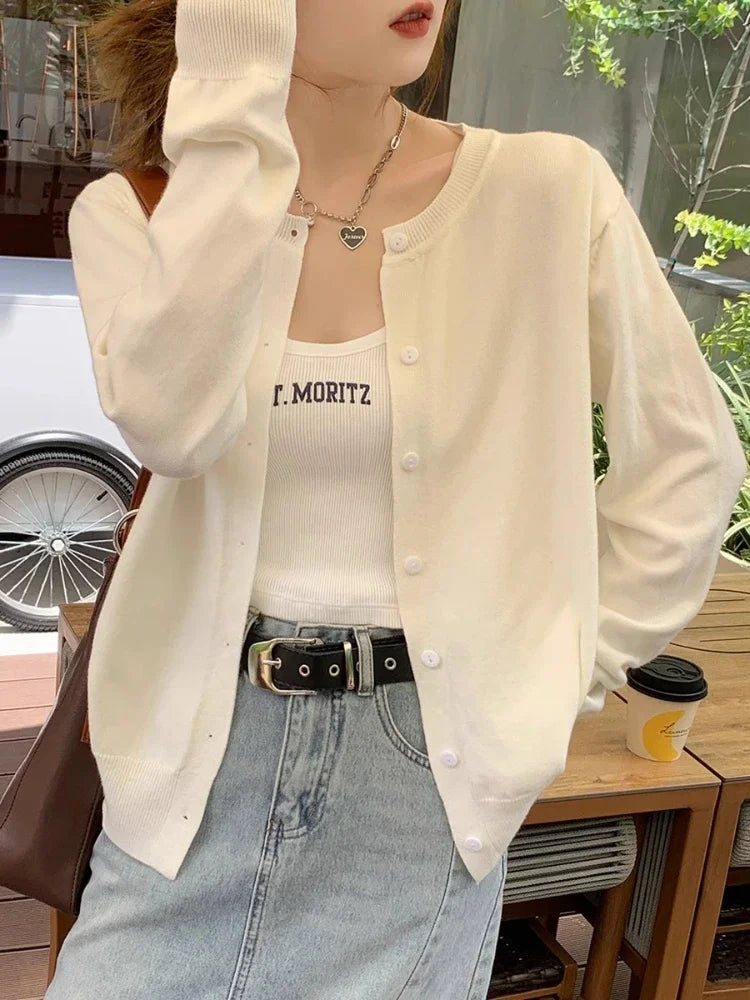Cardigan Sweater Casual Warm Spring Summer Women O-neck Long Sleeve Single Breasted Slim Fashion