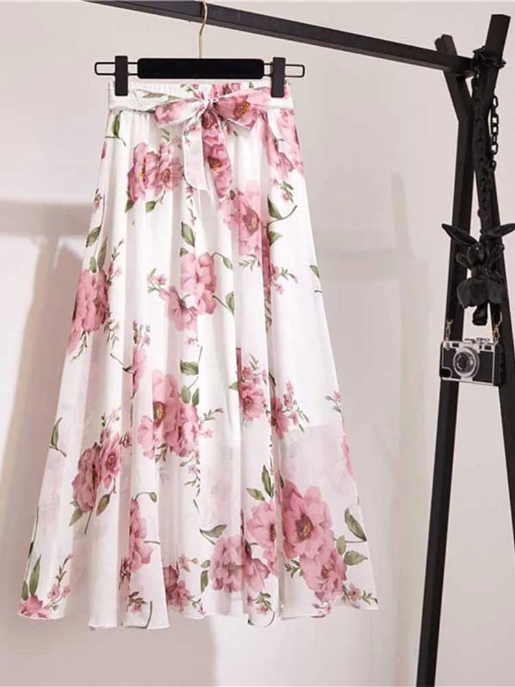 Chiffon Sun School High Waist Midi Skirt
