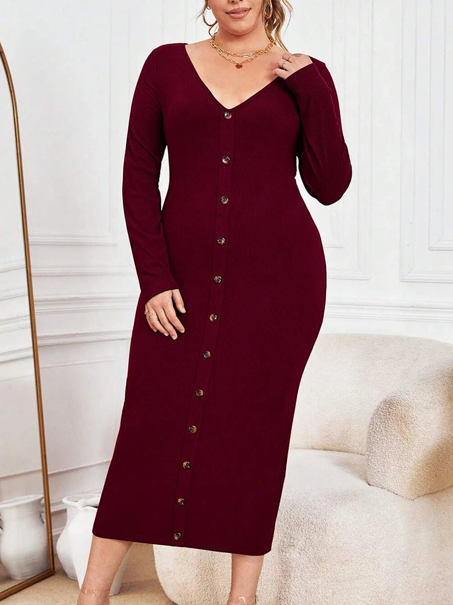 Ribbed Knit Maxi Dress with Long Sleeves and V-Neckline in Solid Color