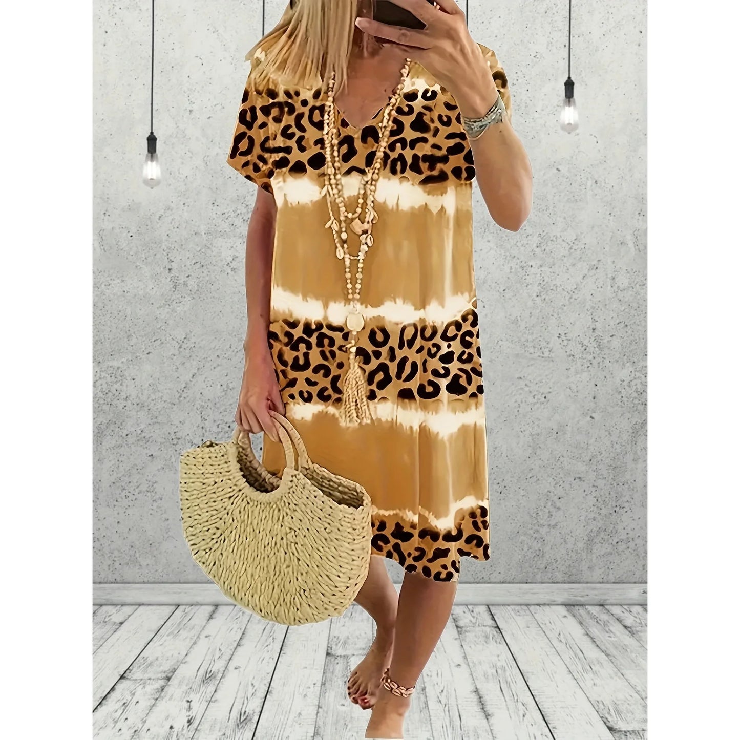 Leopard Print Bohemian Dress Casual Short Sleeve Dress