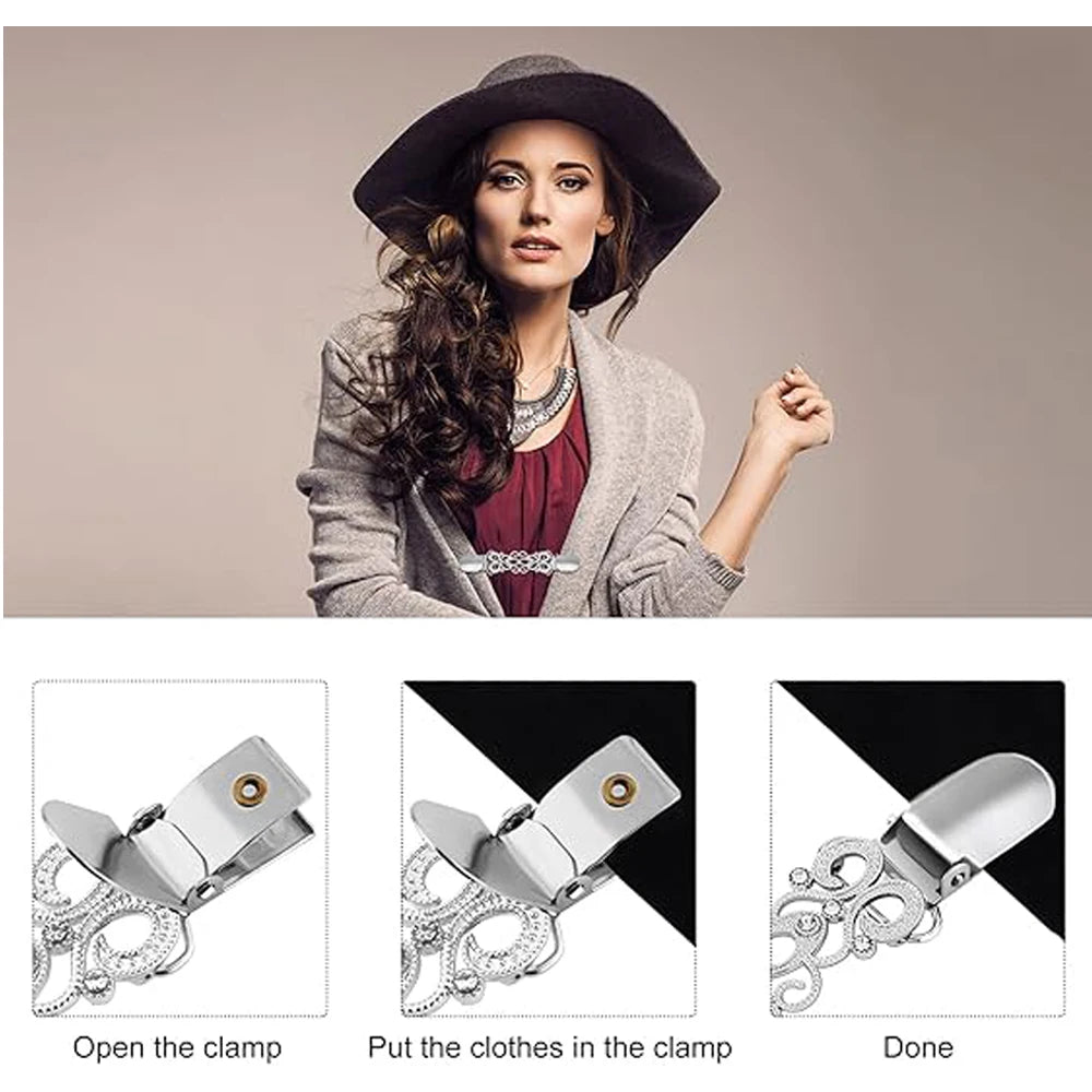 Vintage Sweater Shawl Clips Flower Patterns Retro Cardigan Collar Dresses Clips Brooch Clips Shirt Clips for Women