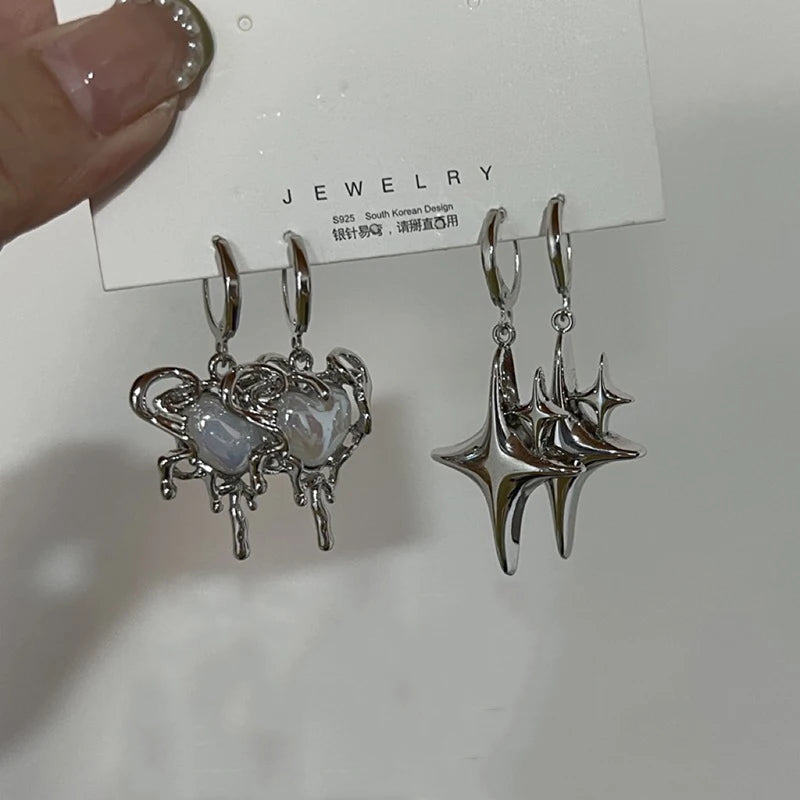 Simple Silver Color Star Earrings for Women Opal Stone Heart Hoop Earrings  Daily Wear Jewelry