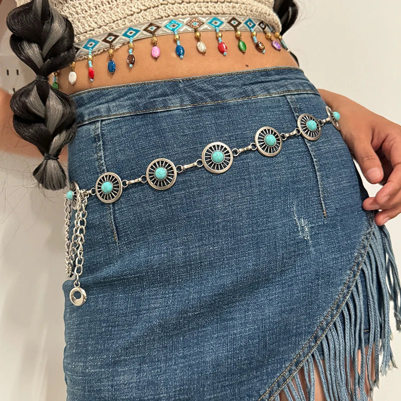 Fashion Silver Bohemian female circular waist chain luxury turquoise gemstone Ellipse chain belts for women