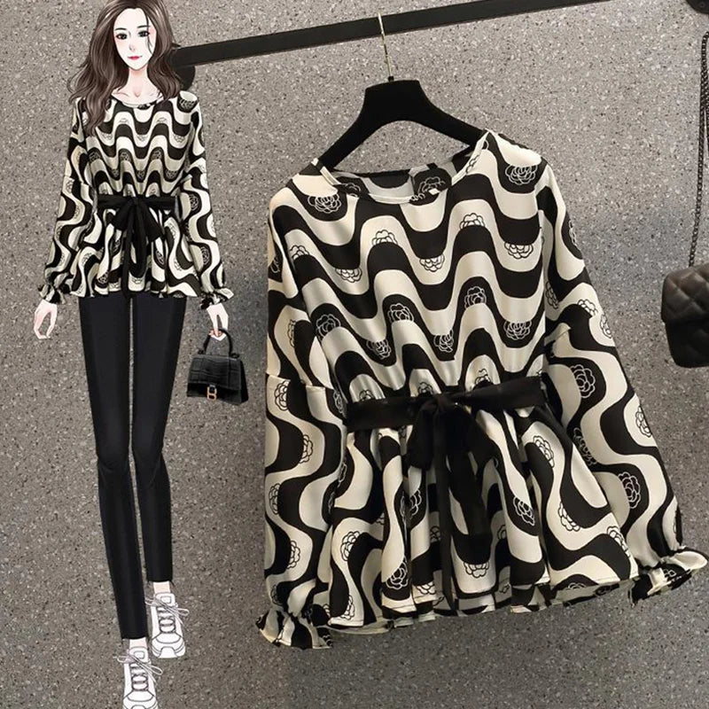 Elegant Ruffles Printed Folds Bow Blouse