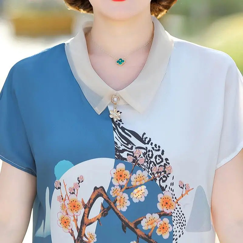Natural Scenery Printed Peter Pan Collar Lace Beading Short Sleeve Tops