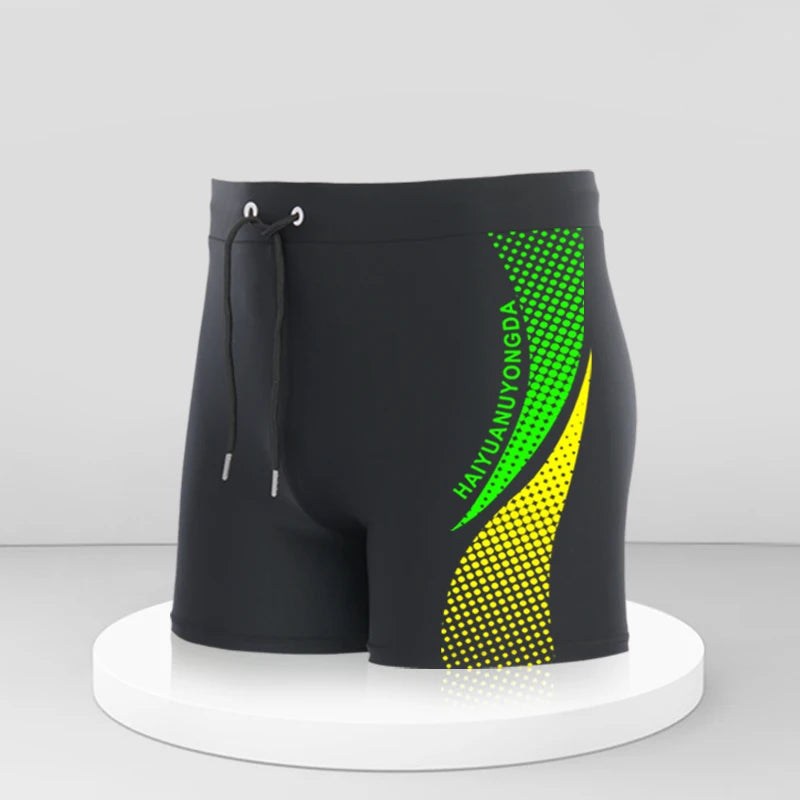 European size Geometric Graphic And Letter Print Men's Swim Trunks With Drawstring, Quick Dry And Stretchable Shorts For Summer