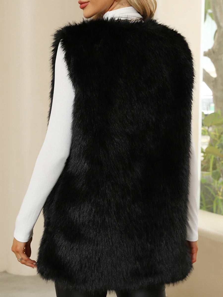 Sleeveless Vest Button-Up Faux Fur Jacket with Solid Color Design for Warmth and Style