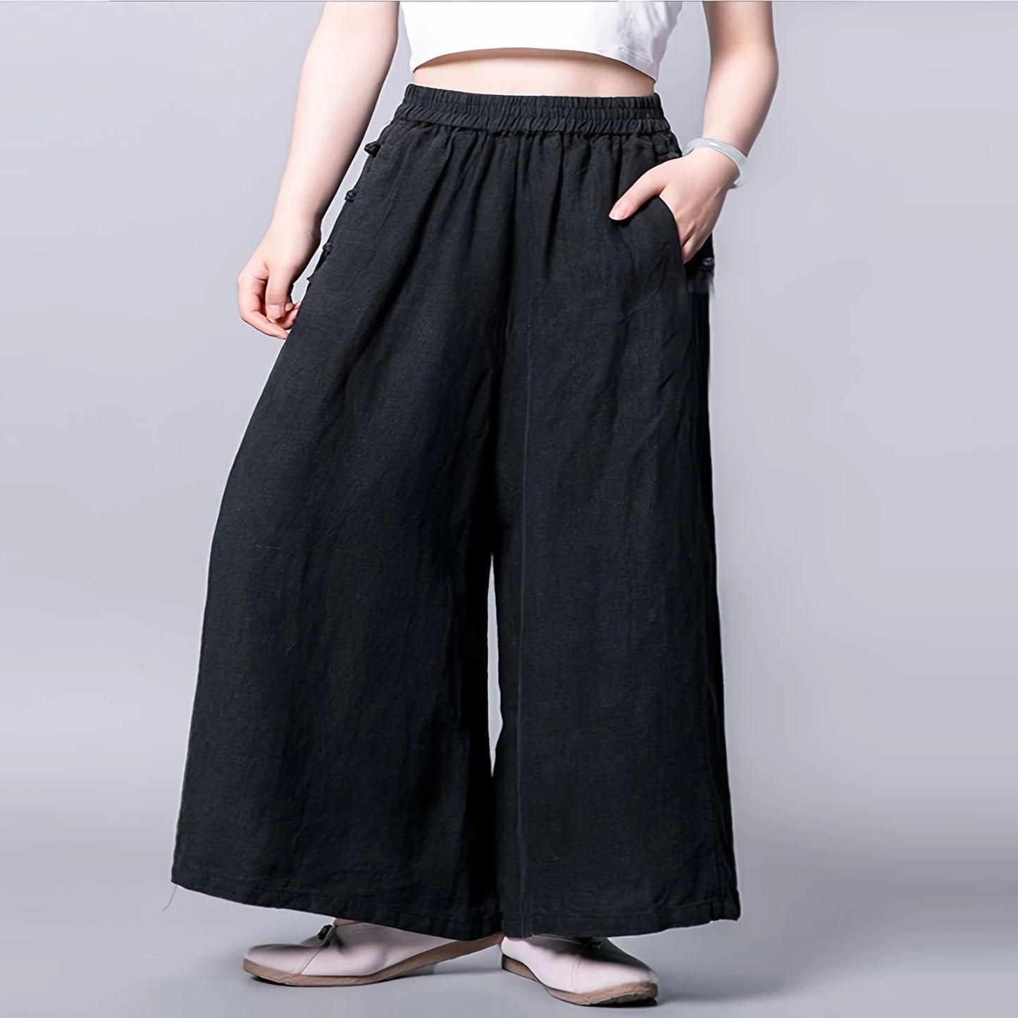 Chinese Retro Style High Waist Wide Leg Pants for Women, Spring & Summer Clothing