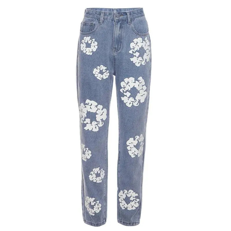 Women Jeans Denim Pants Fall Winter Casual Aesthetic Flower Print Jeans  High Waist Fashion