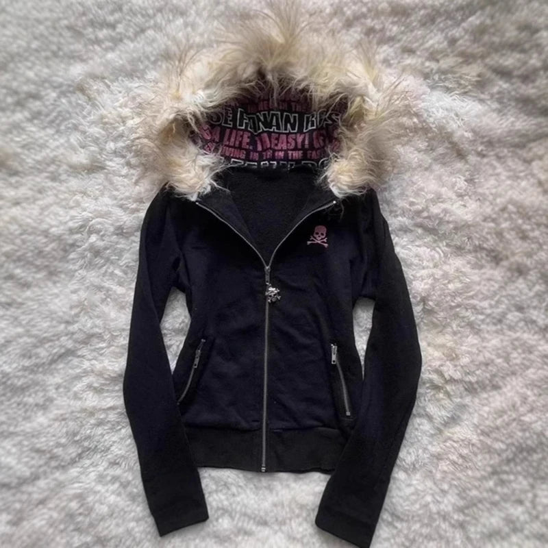 Designed fur collar long-sleeved hooded sweatshirt jacket  retro casual loose cardigan