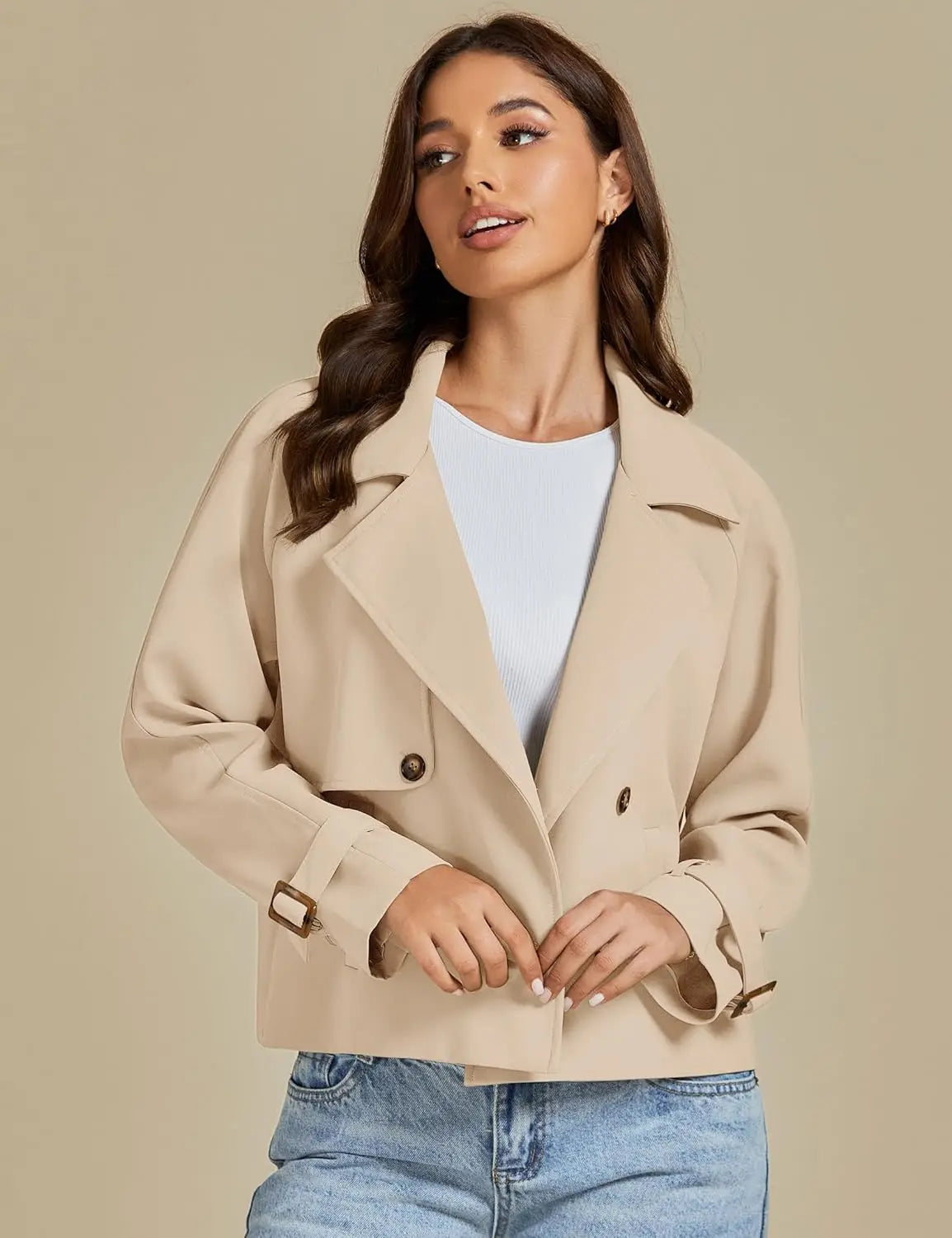 Cropped Trench Coat for Women Long Sleeve Double Breasted Notched Lapel Casual Loose Fit Jackets with Pockets