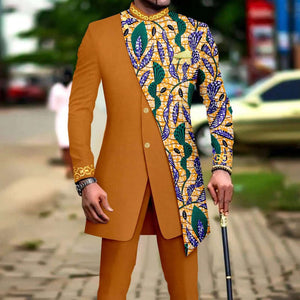 African Style Suits for Men Embroidery Print Blazer and Pants Set Business Dress Suit with Kerchief Party Wedding Evening