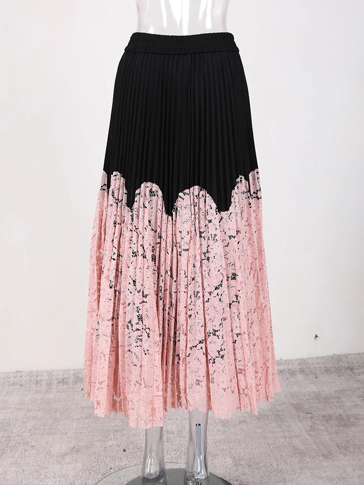 Lace Spliced Printing Pleated High Waist Loose Causal Colorblock Skirt