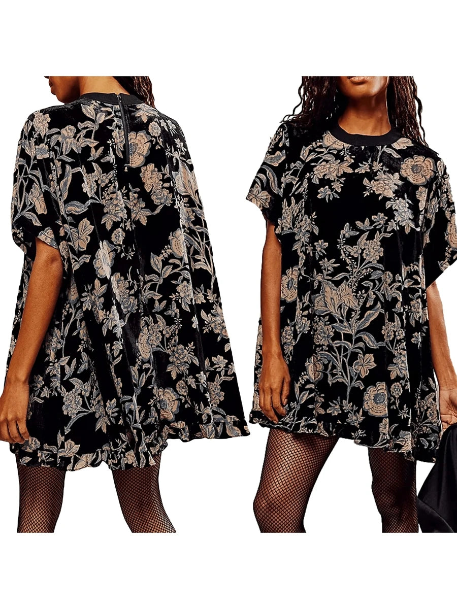 Velvet Mini Dress V-Neck short Sleeve Floral Print