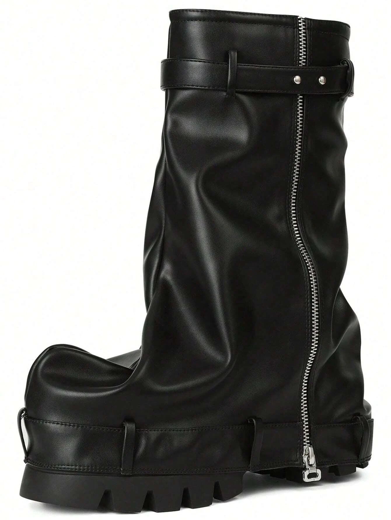 Fold Over Boots Chunky High Heels Mid Calf Platform Punk Gothic Fashion