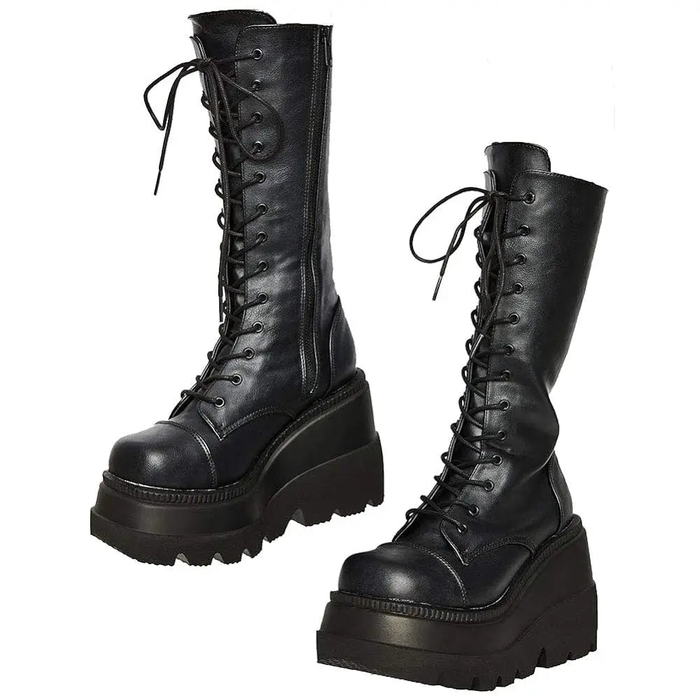 Gothic Fashion Round Toe Side Zipper Lace Up  Mid Calf Boots