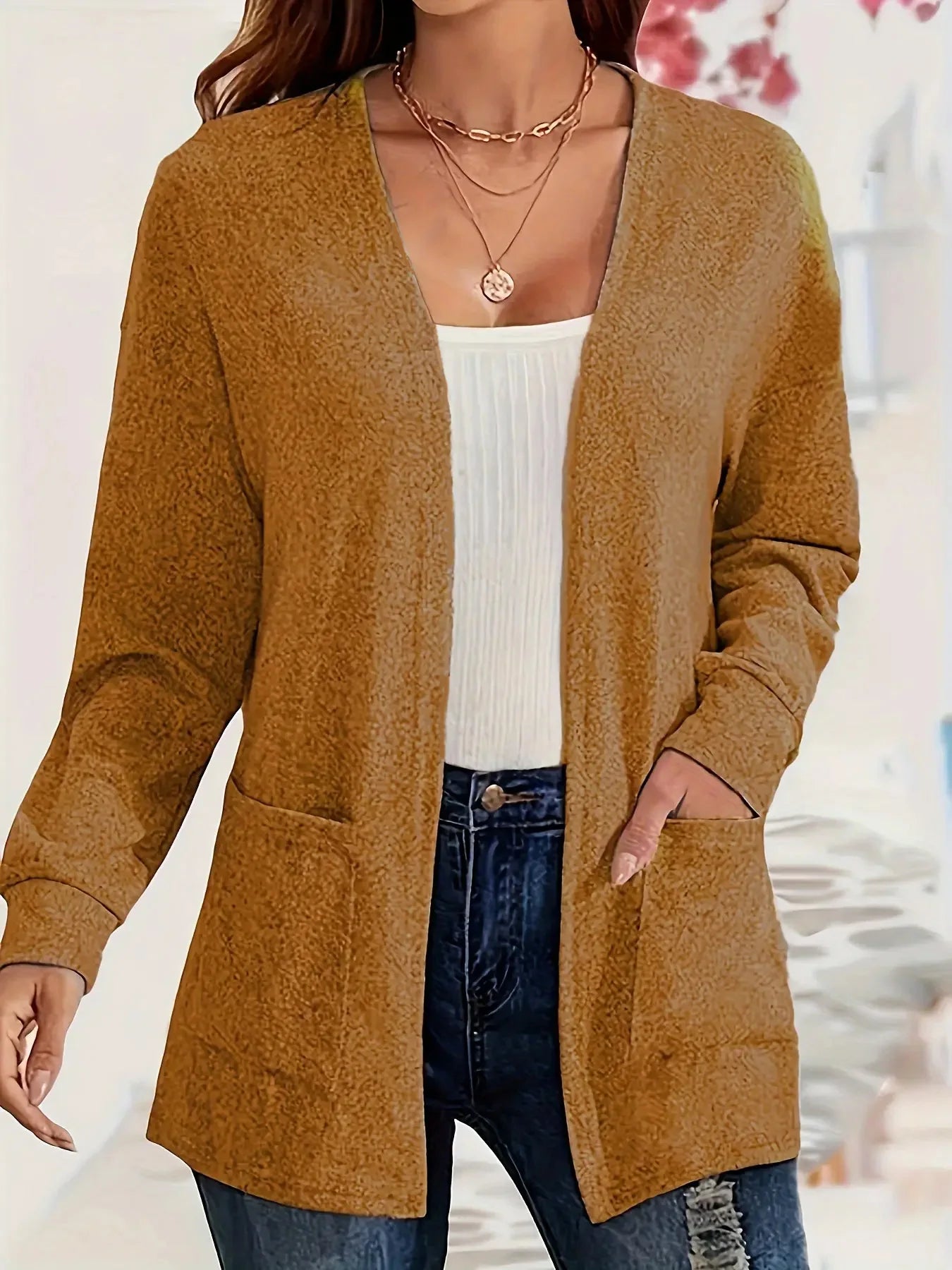 European and American foreign trade thin fashion solid color pocket thin knitted women's buttonless cardigan