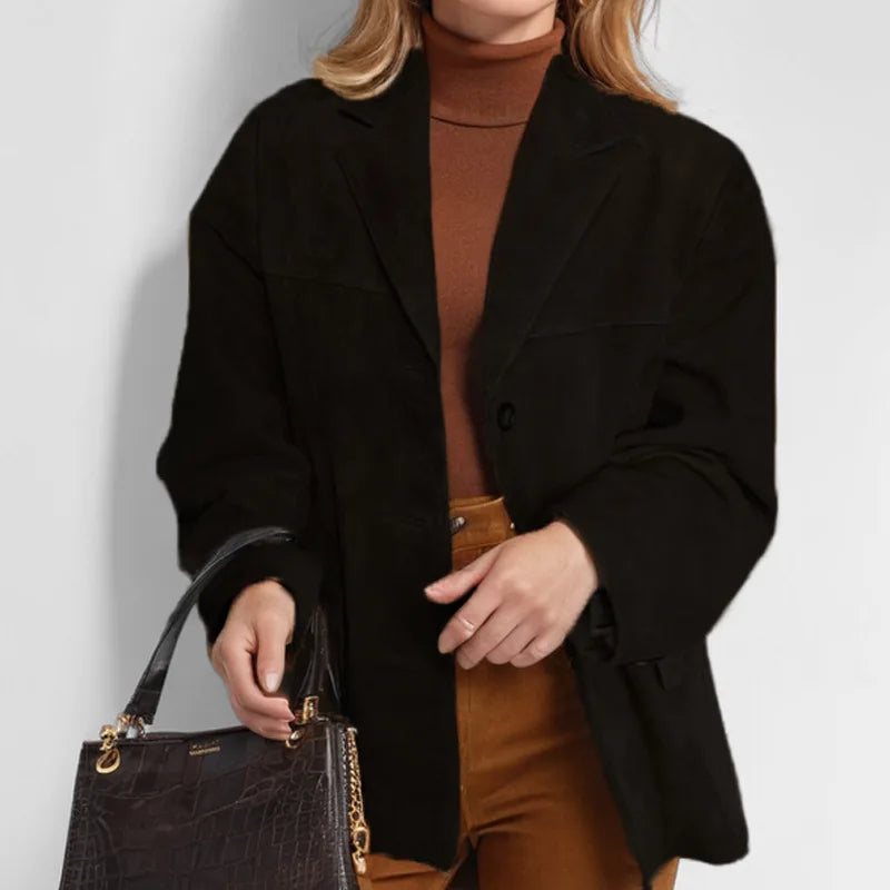 Brown Lapel Pocket Suede Leather Jacket Single Button Long Sleeve
