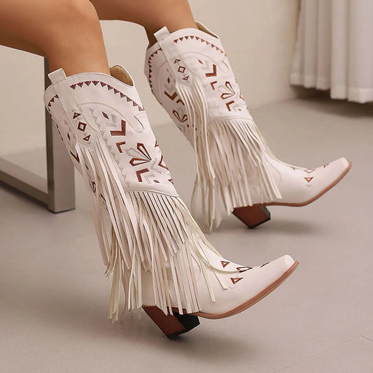 Retro Tassel Embroidered Cowgirl Mid-Calf  Western Boots Pointed Toe Chunky High Heel
