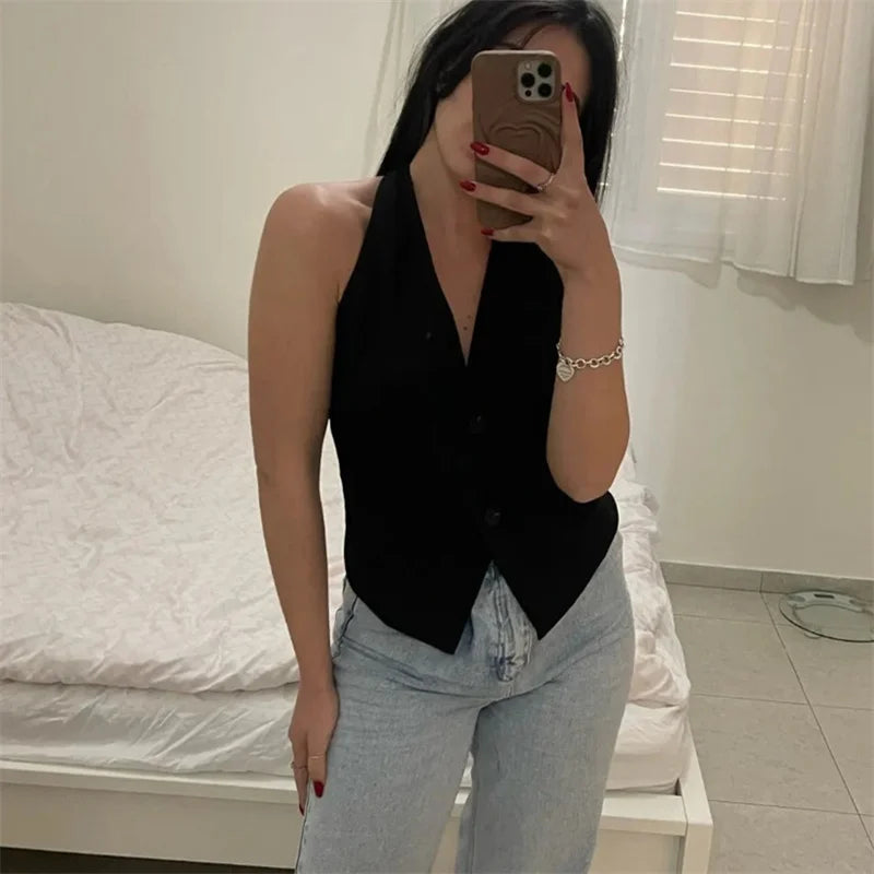 Off Shoulder Sleeveless Vest Women Cropped Vest Woman Fashion Backless V Neck Short Halter Summer Waistcoat