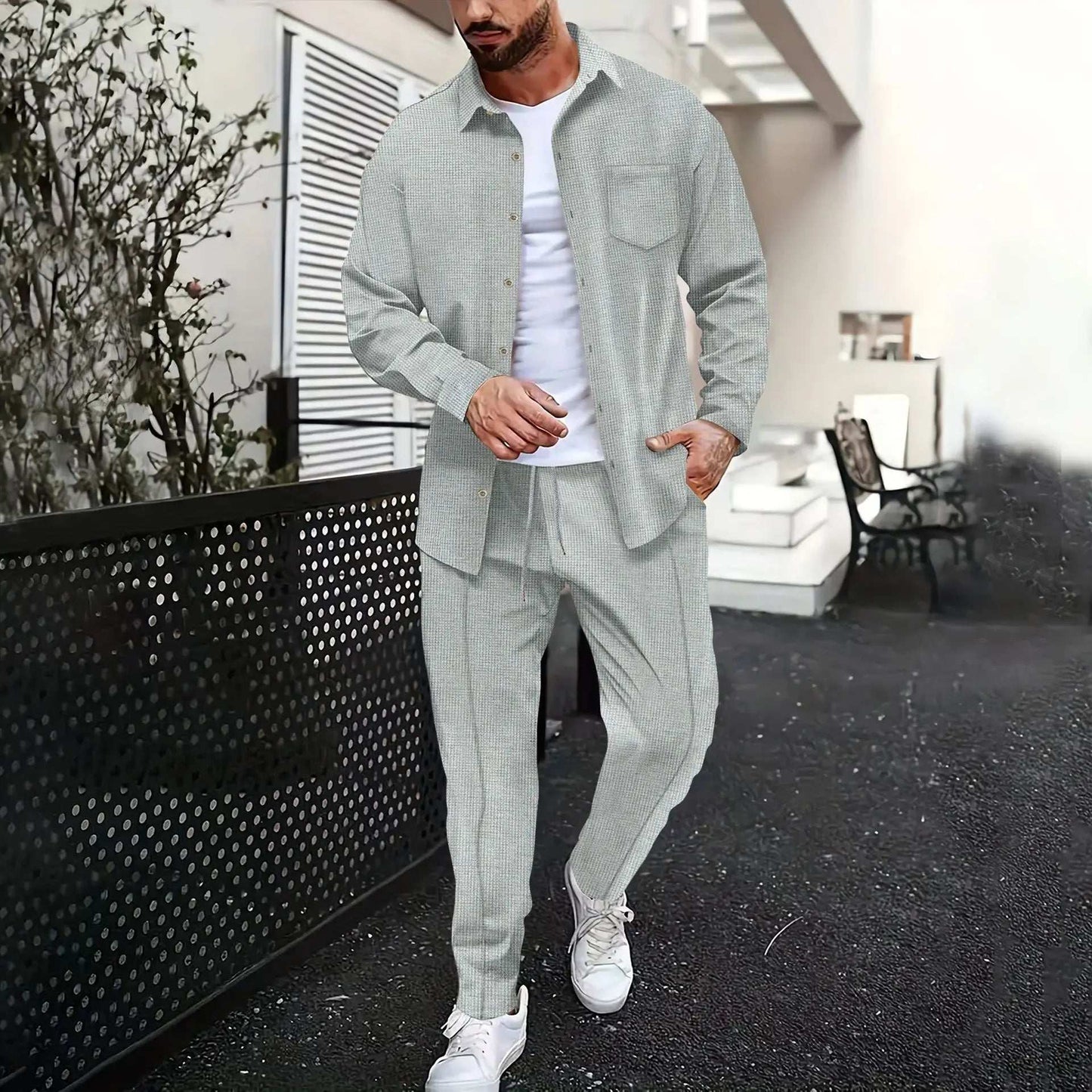 Spring and Autumn men waffle solid color two-piece new trend lapel long-sleeved shirt and trousers casual outdoor sports suit