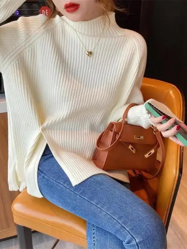Women Sweater Pullovers Turtleneck Casual Autumn Winter Split Fork Button Chic Sweater Female Knit Top Soft Jumper Tops