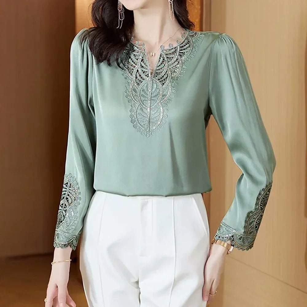 Silk Blouse Long Sleeve Embroidery Shirts