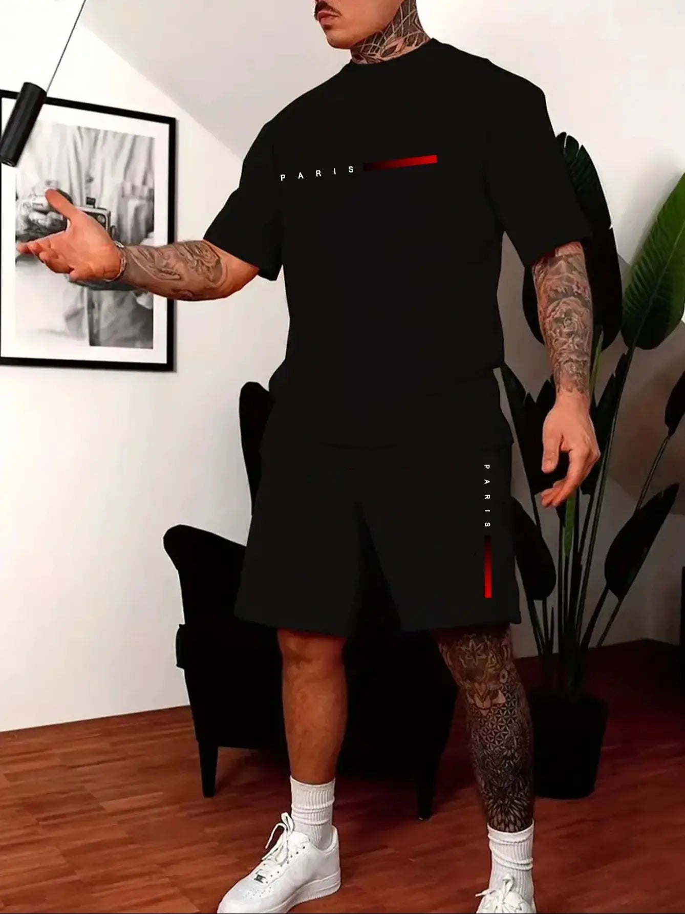 Short-sleeved shirt and shorts summer men's suit simple fitted T-shirt letter print with the same printed shorts two-piece set