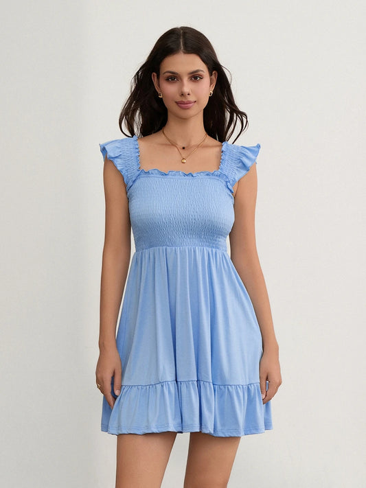 Solid Color Mini Dress Fly Sleeve Ruched A-line  Casual Dress