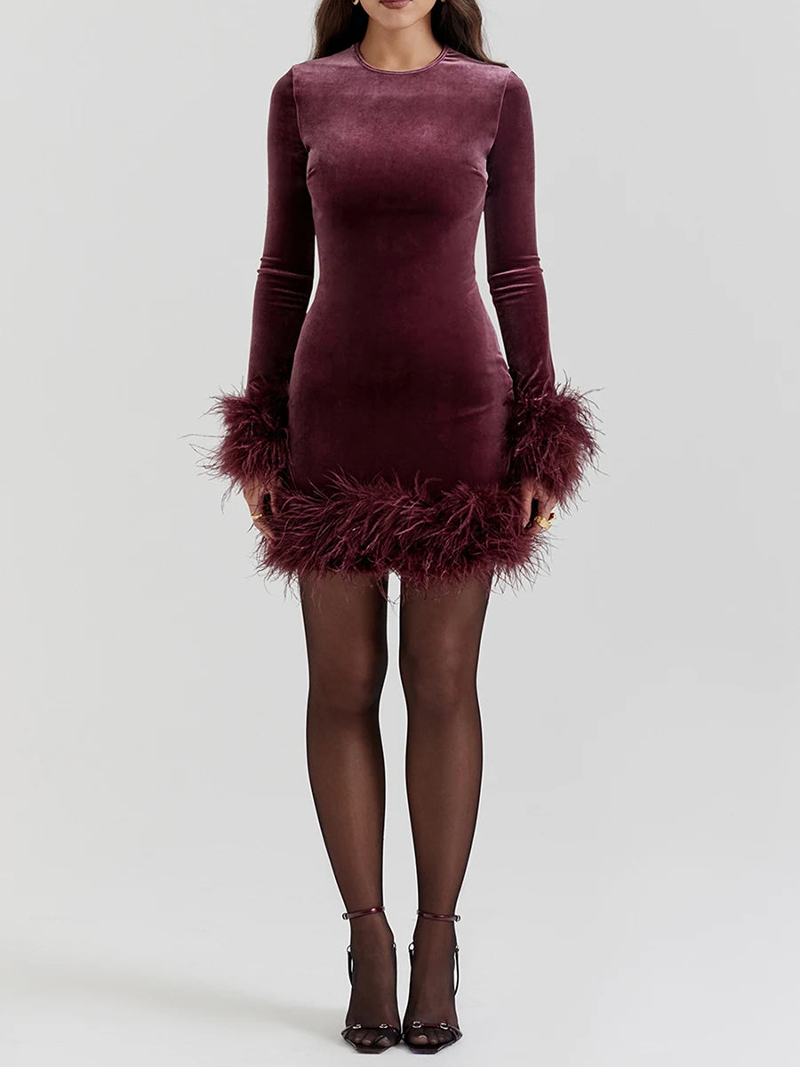 Black Feather Long Sleeve Bodycon Dress  Velvet Crew Neck  Mini Dress