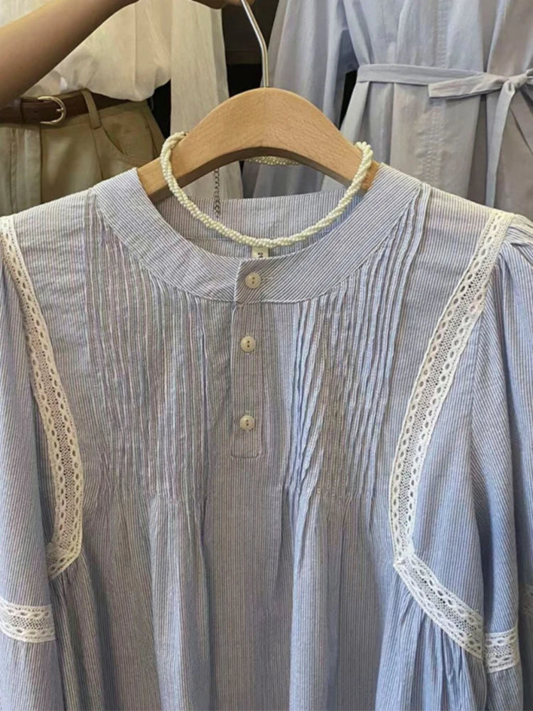 Striped Puff Sleeve Pleated Patchwork Spring Autumn Shirts Casual