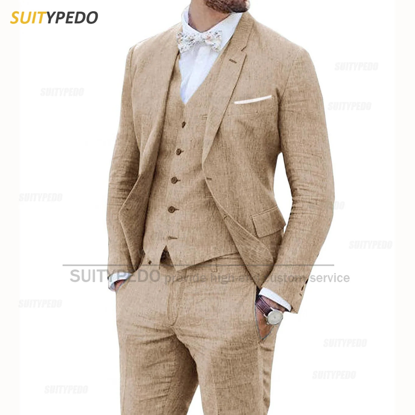 Linen Suits for Men 3 Pieces Casual Slim Fit Suit Blazer Vest Pants Set Formal Prom Wedding Tuxedos for Groomsmen Best Man