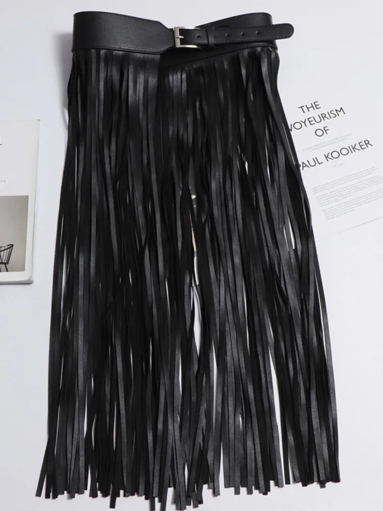 Leather Skirt Women Belt Black Full Tassels