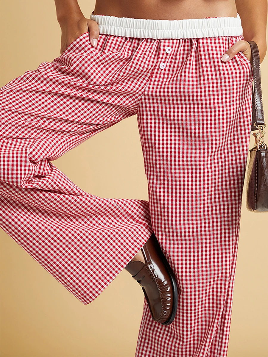 Women s Plaid Wide-Leg Pants with Button Detailing Elastic Waistband and Loose Fit for a Casual Spring Summer Look - Stylish