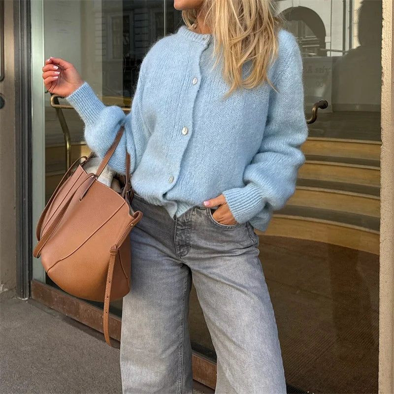 Sweaters Women Solid Color Round Neck Single Breasted Long Sleeve Cardigan Tops Warm Knitwear Streetwear