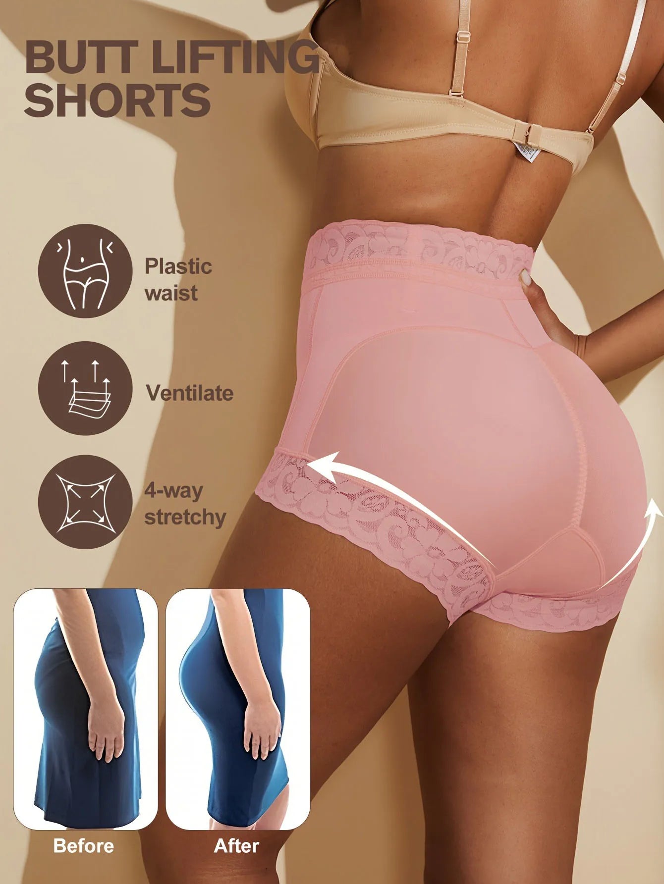 Lace Trim Sculpting Panties, Comfy & Breathable Butt Lifting Panties, Lingerie & Underwear