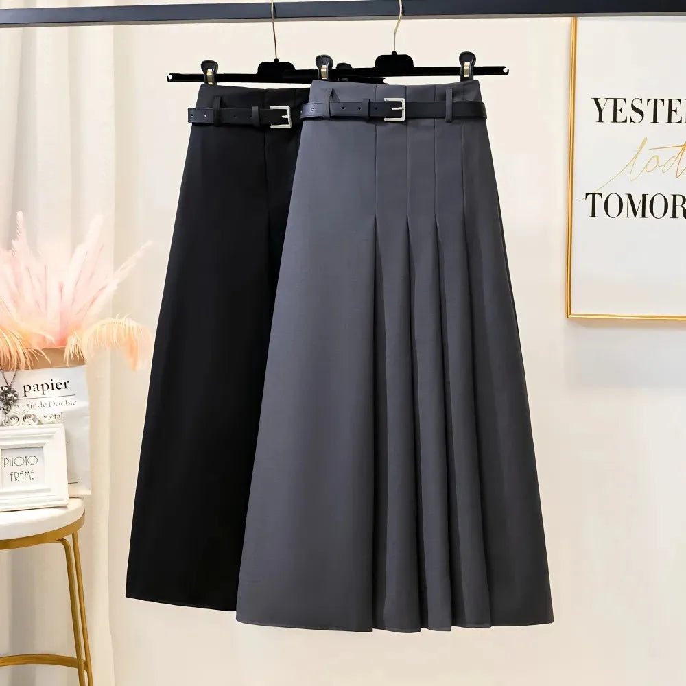 Suit Pleated Long Skirt With Belt  A Line Skirt Streetwear