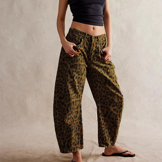 Women Leopard Barrel Jeans  Cheetah Printed Baggy Boyfriend Jeans Mid Rise Wide Leg Denim Pants Horseshoe Jeans