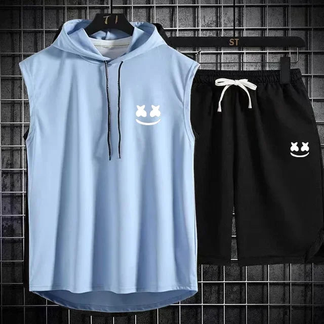 Brand Summer Men's Two Piece Set Casual T-Shirt and Shorts Set Men's Sports Suit Fashion Short Sleeve Tracksuit Hooded T-shirt