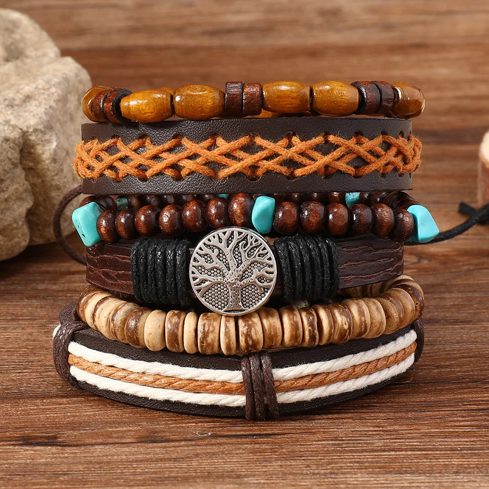 Casual Bead 6 Pc/set Tree Black Khaki Handmade Men Bracelets Male Women Leather Bracelets Men Bangle