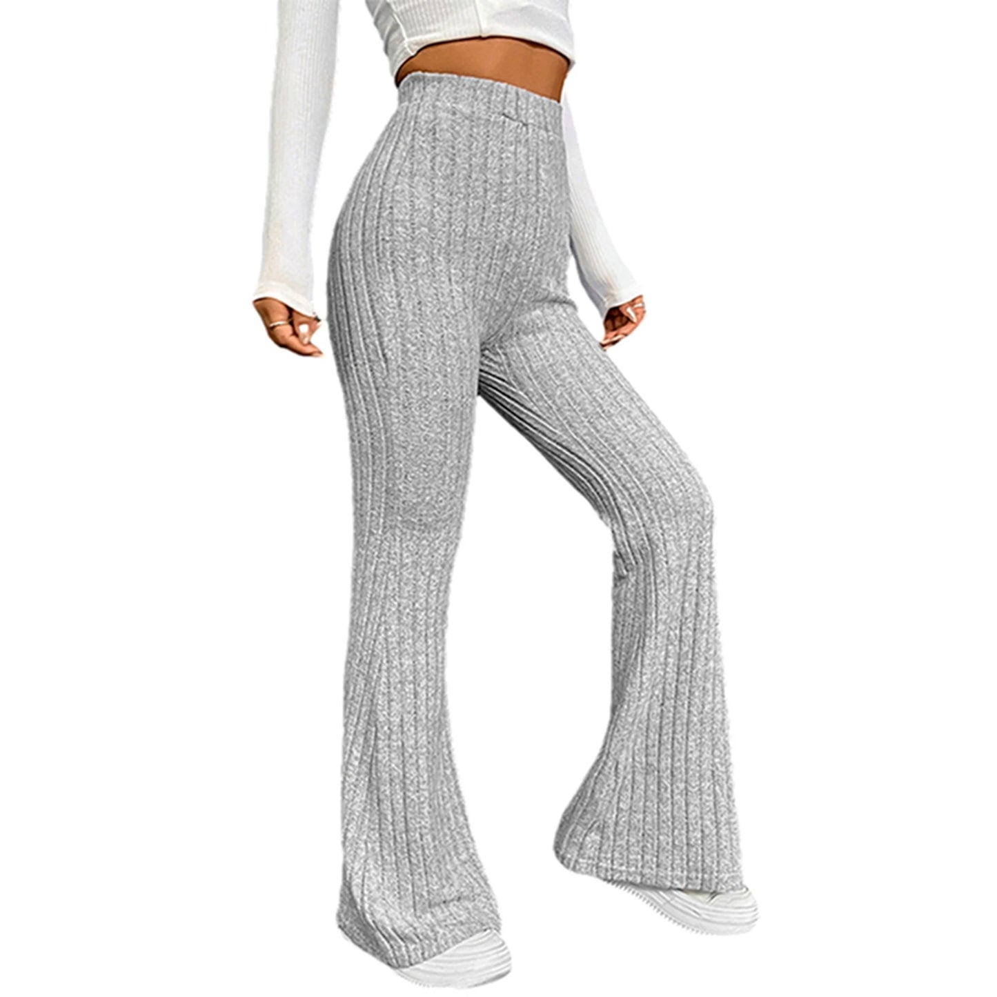 Women High Waist Flared Pants Casual Solid Color Ribbed Bell Bottoms Elastic Bootcut Trousers Streetwear