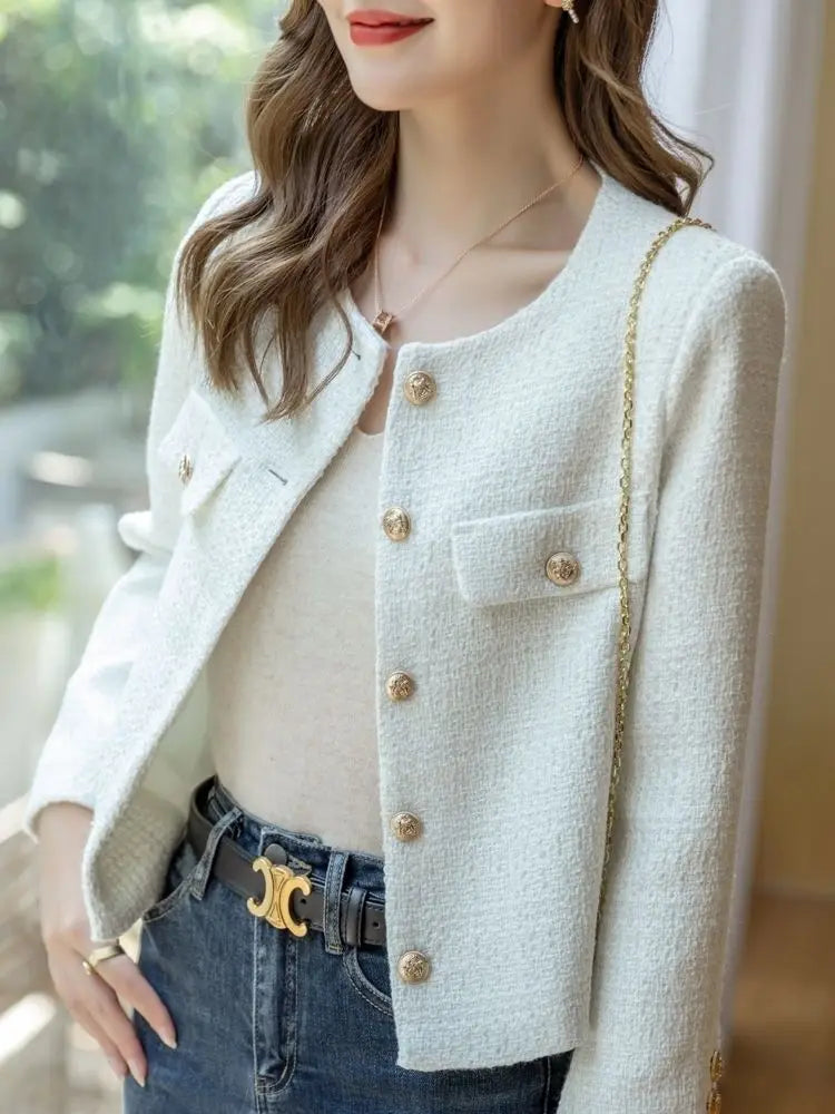 French Wool Tweed Coat Fashion High-end Gold Button Short Slim  Spring and Autumn  Women's Jacket
