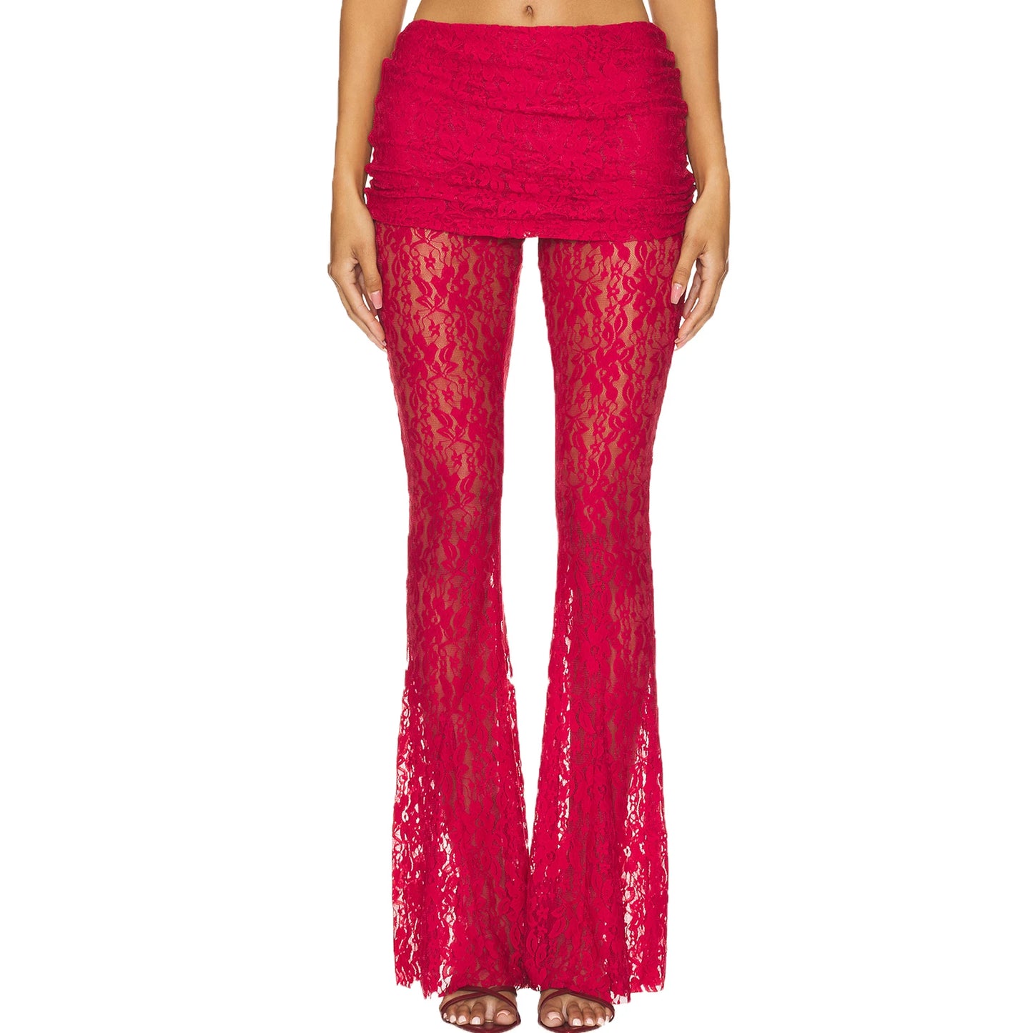 Elegant Lace Overlay Flared Pants with Elastic Waistband and Skirt Detail Stylish Bell Bottom Trousers for Women