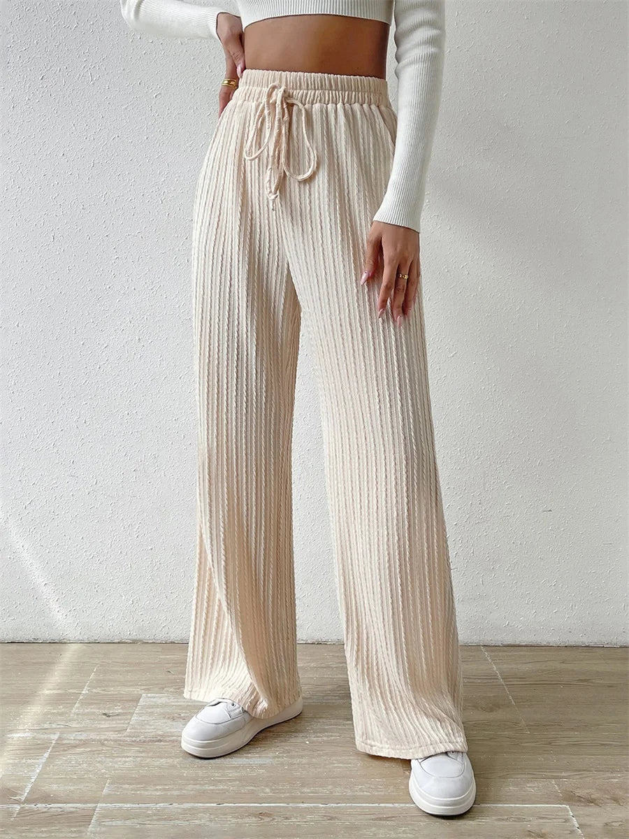 Elegant Ribbed Knit Palazzo Pants with Chic Drawstring High Waistband Comfy Wide Leg Trousers for Women s Casual Wear