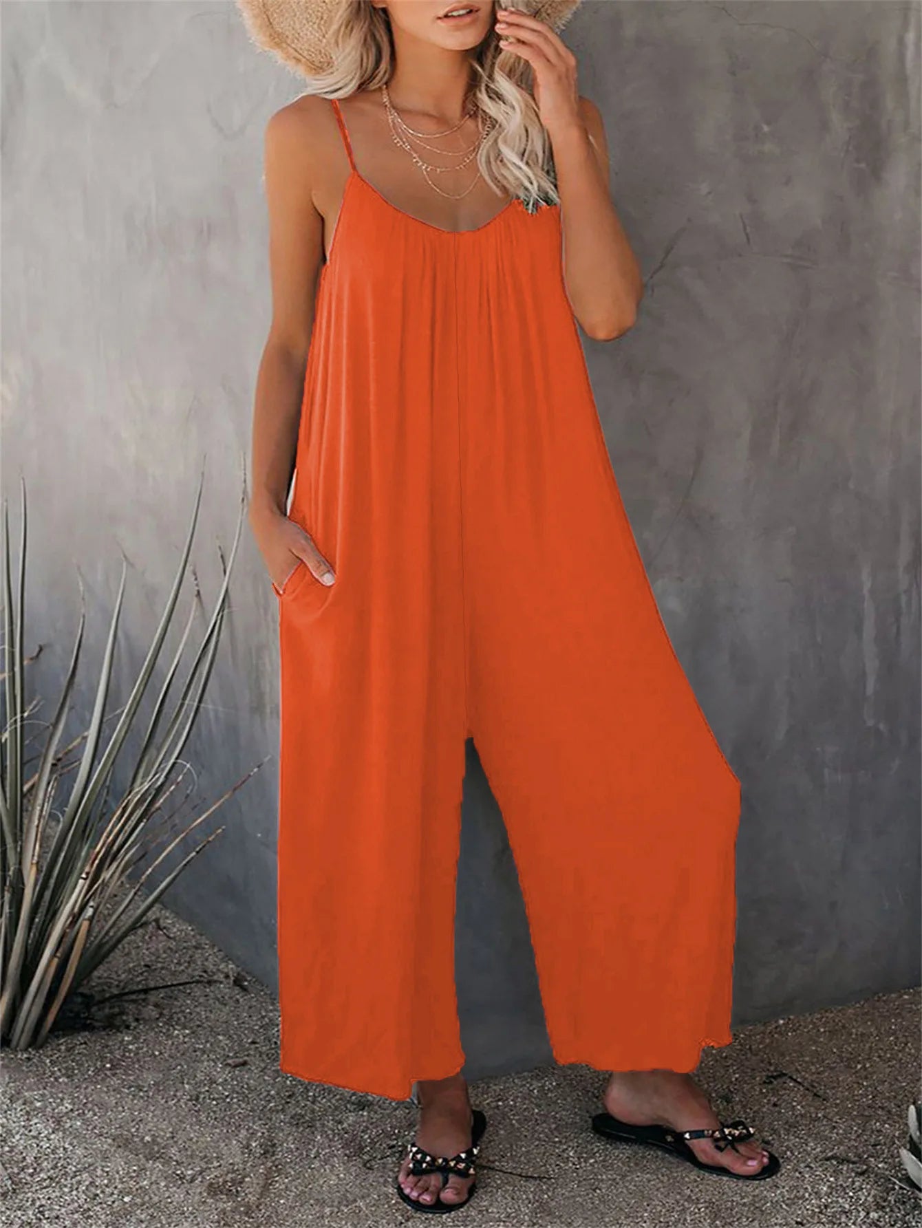 European and American Suspender  Women's Summer Foreign Trade Solid Color Pocket Casual Jumpsuit
