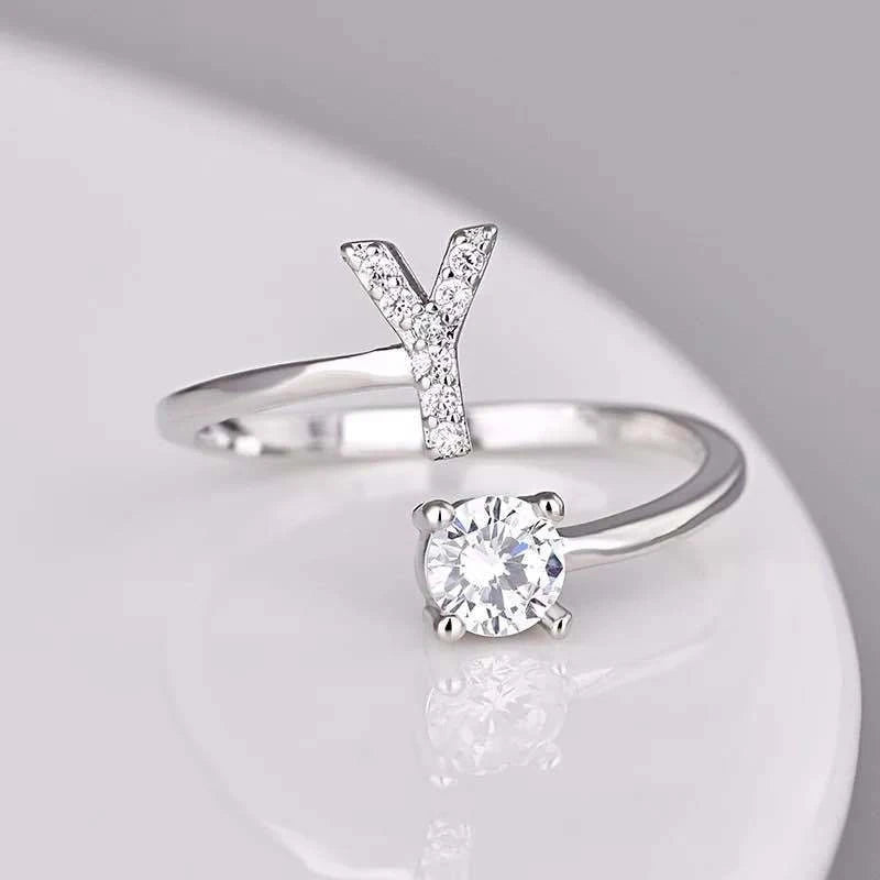 Shining Rhinestone 26 Letters Adjustable Rings  Initial A-Z Alphabet Opening Ring
