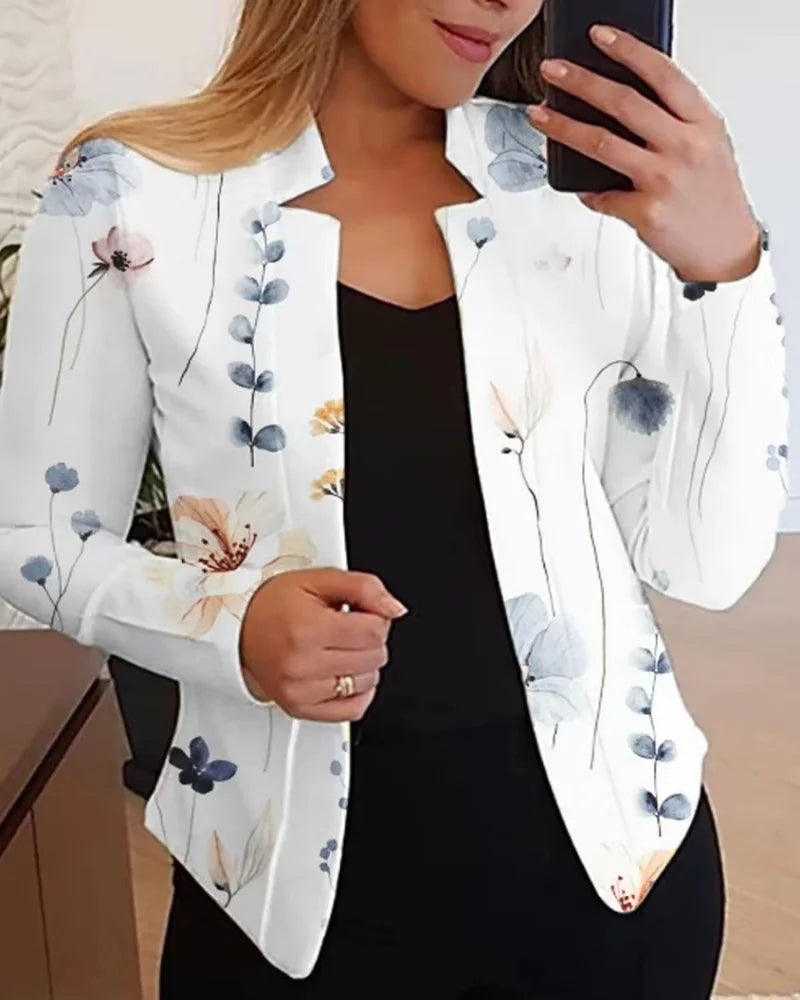 **Printed blazer with high collar for women, long sleeve jackets, slim fit, casual tailored blazers, office jackets.**