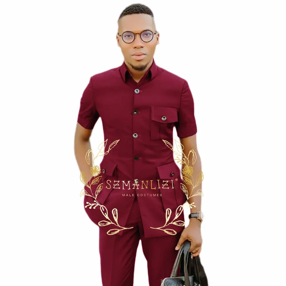 Latest Design Houndstooth Jacket Men‘s Suit Set Brown Pant Peaked Lapel Double Breasted Blazer